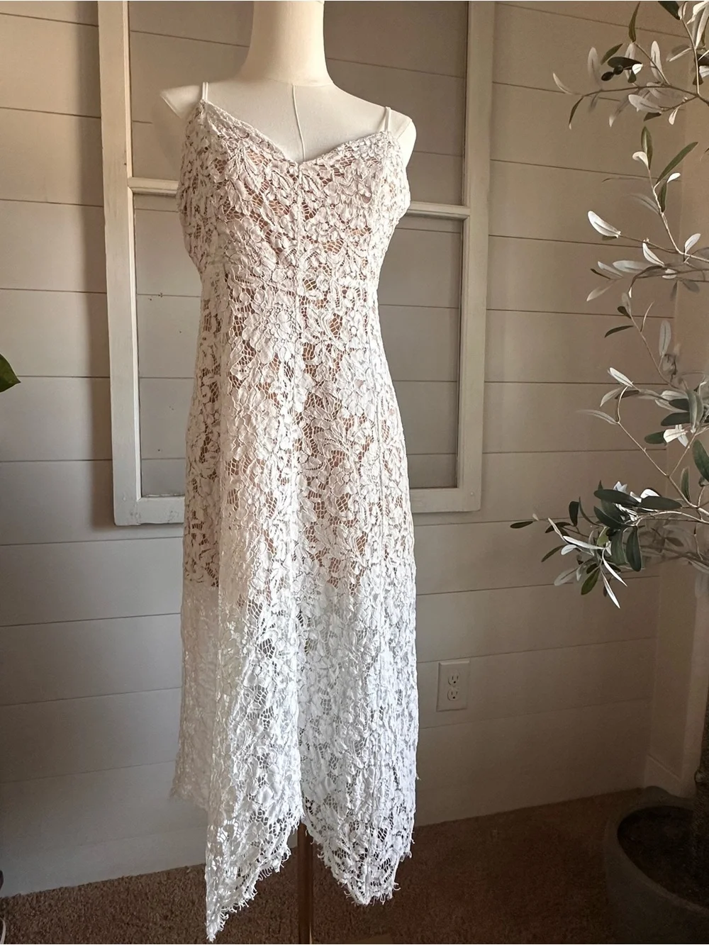 Lulu’s White Lace Slip Dress with Handkerchief Hem